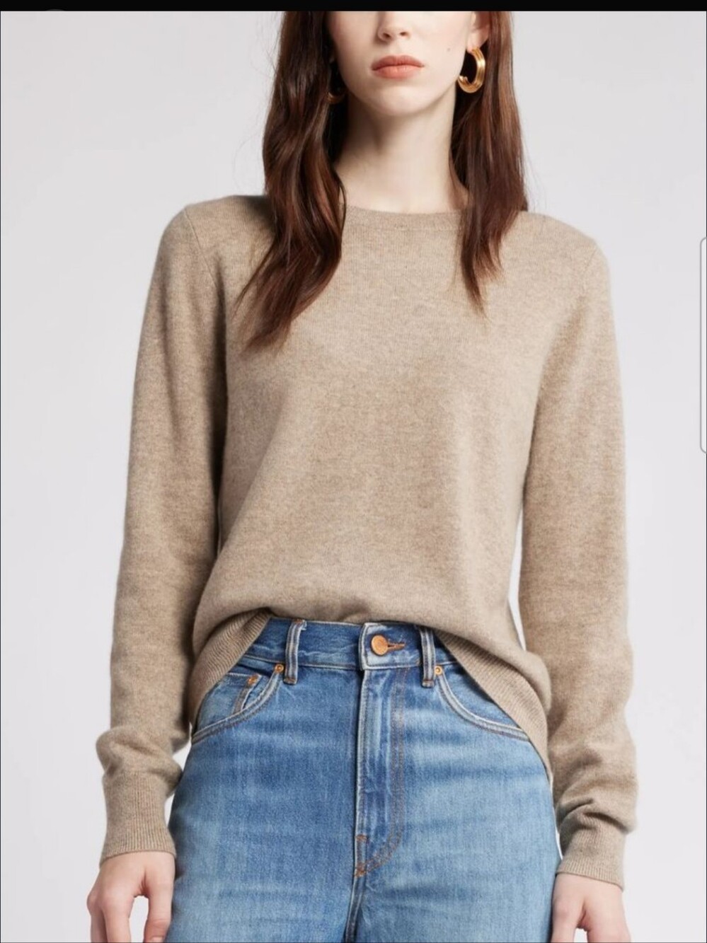 Nordstrom Cashmere Quiet Luxury Minimalist Classic Crewneck Tan Sweater Size Med